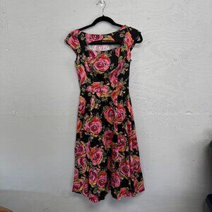 Hearts & Roses black & pink‎ floral dress with peek-a-boo neckline, Size 4